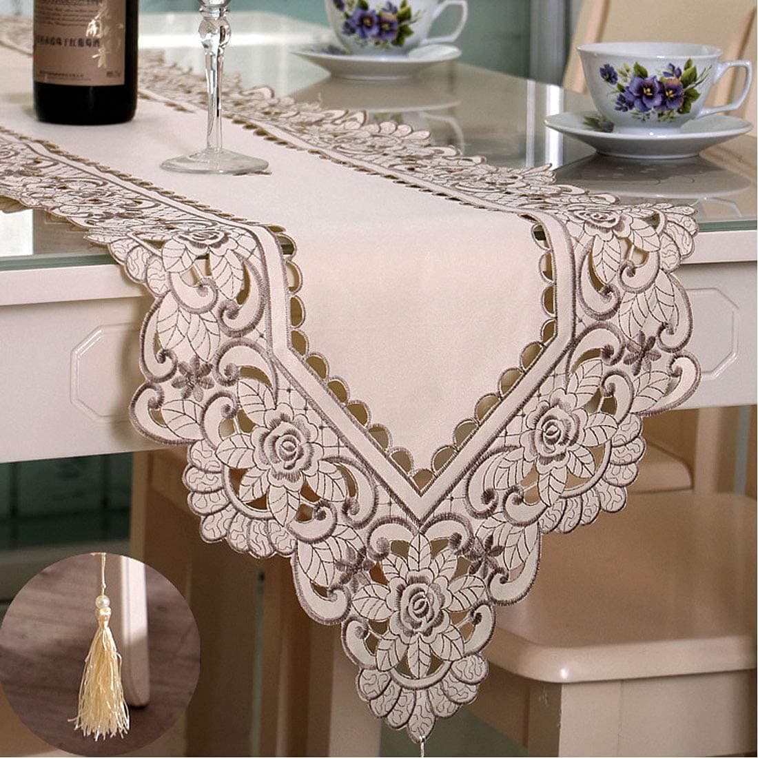 LeLehome 15 Inch X 96 Inch Table Runner, Classic Brown Flowers Embroidery Home Dining Restaurant Kitchen Dresser Scarves Decoration Tapestry