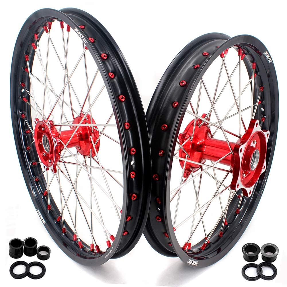 KKE 1.6 * 21"/2.15 * 19'' MX Cast Wheels Rims Set Compatible with HONDA CR125R CR250R 2002-2013; CRF250R 2004-2013 CRF450R 2002-2012 Red Nipple