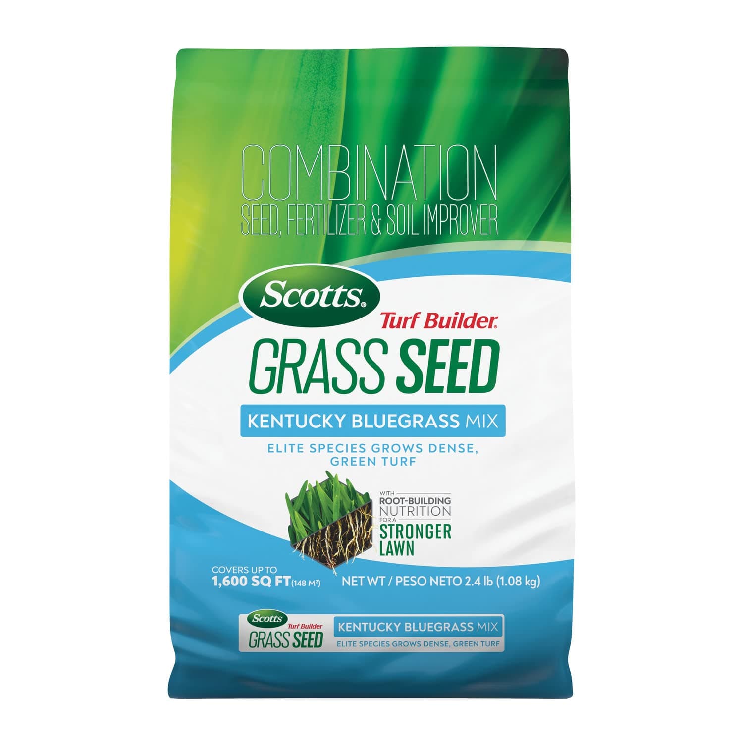 Turf Builder Grass Seed Kentucky Bluegrass Mix with Fertilizer and Soil Improver, Grows Dense, Green Turf, 2.4lbs.