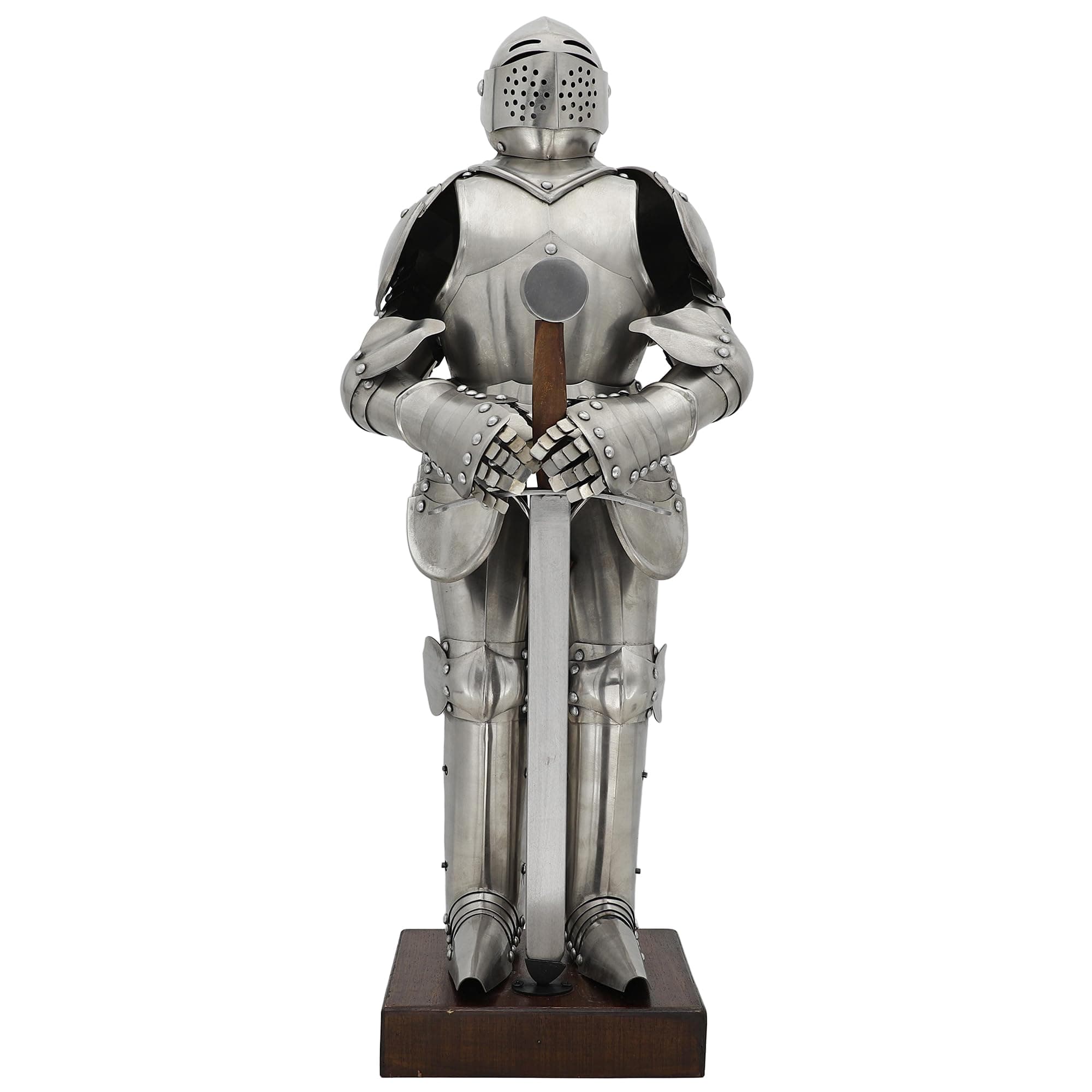 Knight in Shining Armor Medieval Statue - 27 Inch Fully Articulated Suit of Armor, 22 Gauge Mild Steel with Wood Base, Ideal for Display, Office, or Living Room Décor