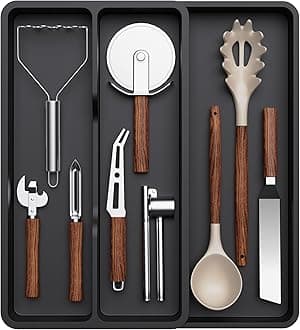Lifewit Utensil Drawer Organiser, Extendable Cutlery Tray for Kitchen, Adjustable Cooking Silverware Flatware Holder, Plastic Kitchen Spatula Tools and Gadgets Storage Divider, 23-37x40cm, Black
