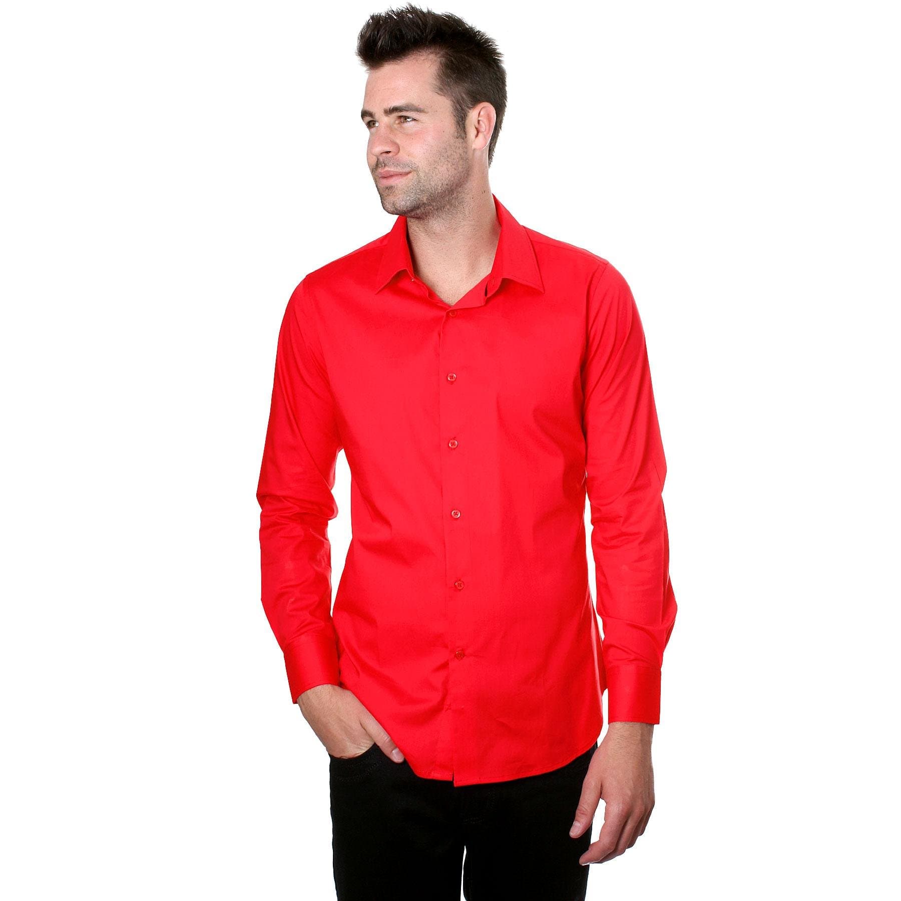 RNZ PREMIUM Mens Button Down Long Sleeve Stretch Slim Fit Dress Shirts L, Bright Red