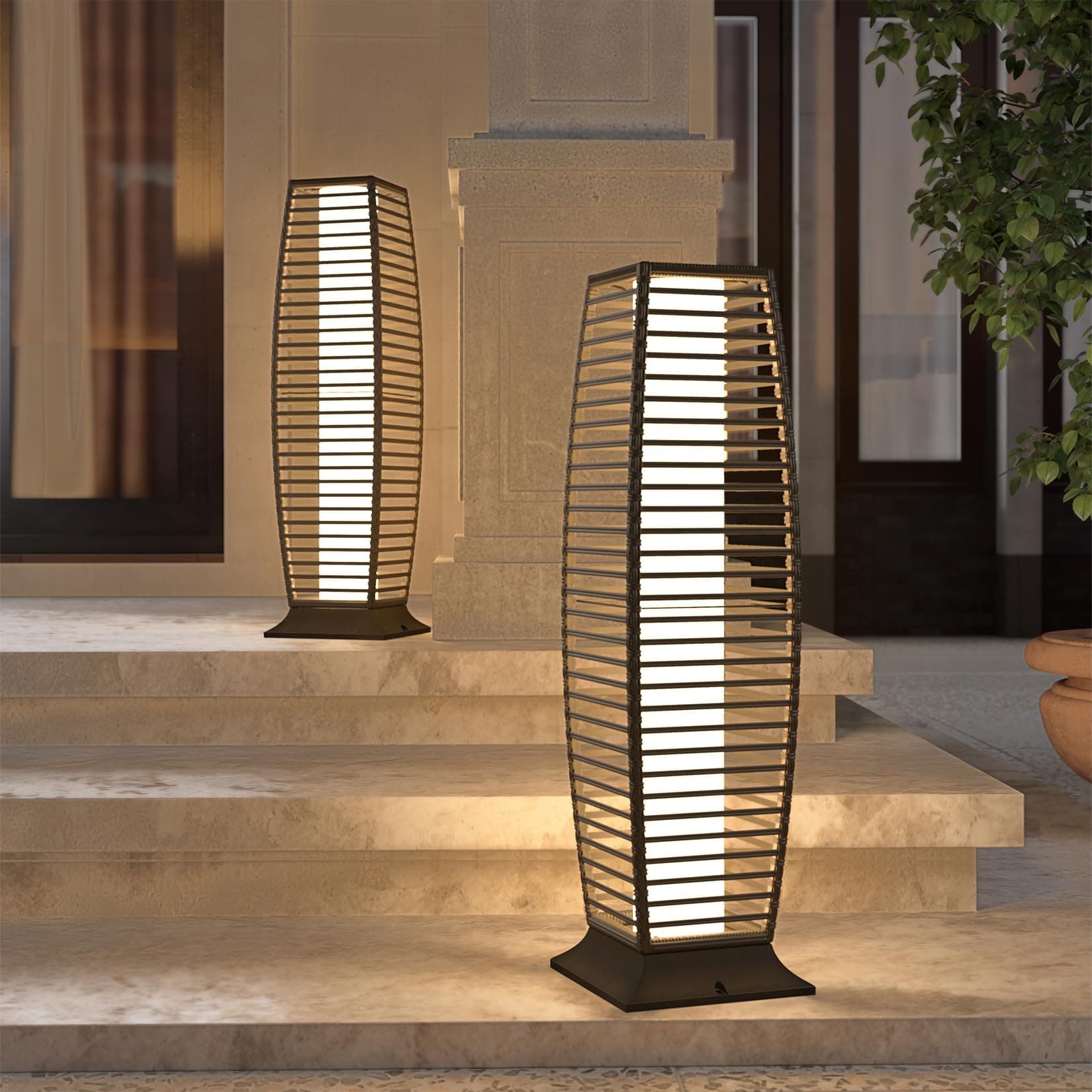 2-Piece Outdoor Floor Lamp Solar Powered Lantern Waterproof Wicker Boho Deck Lights for Garden Porch Decor, Large Crossover