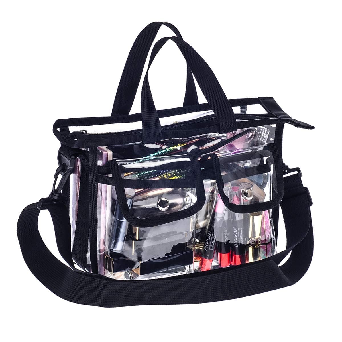 Medium Clear PVC Makeup Artist Set Bag Transparent Cosmetic Storage Bag Travel Make up Kits Organizer MUA Bag Stadium Approved Clear Tote Bag with Removable Shoulder Strap