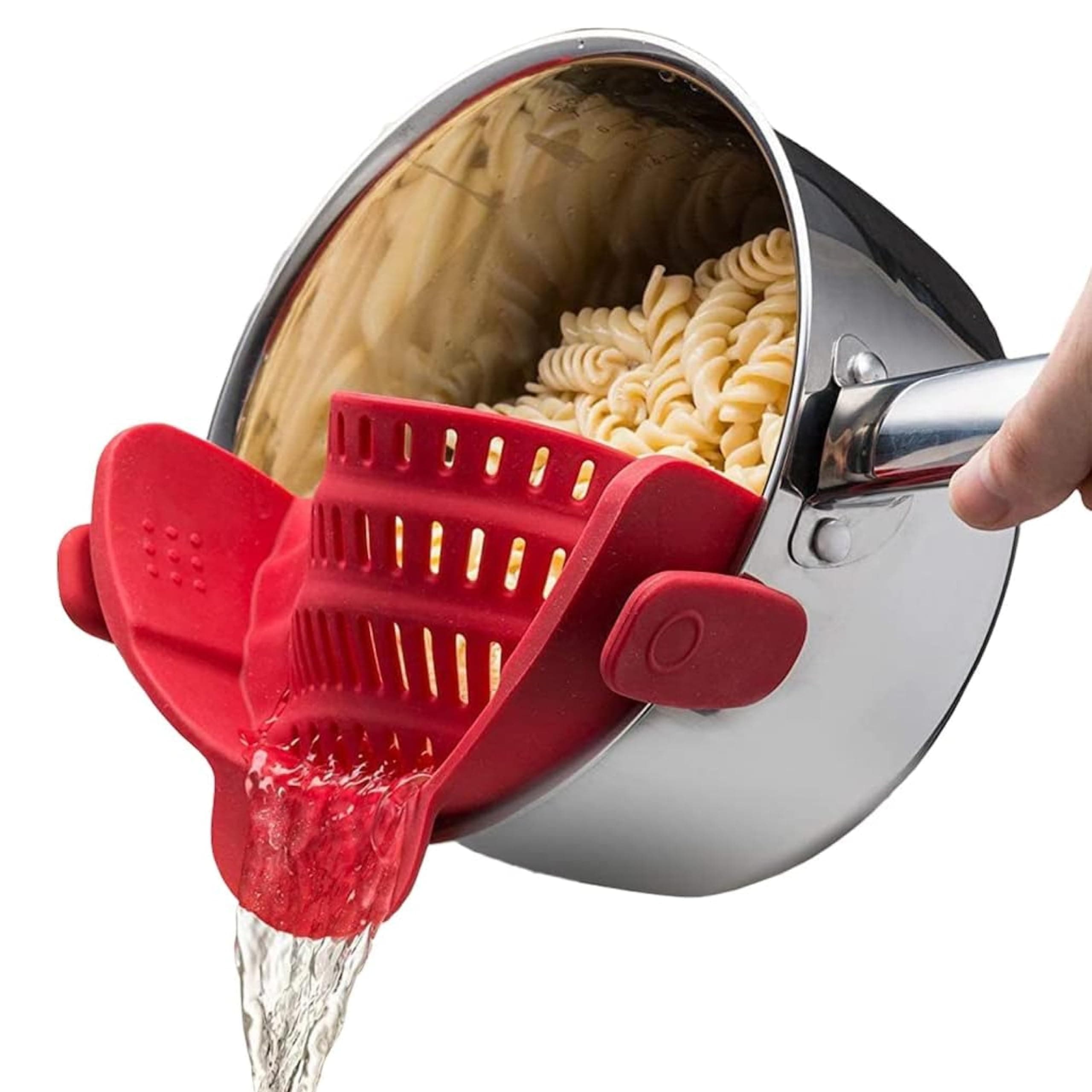 Kitchen Gizmo Snap N' Strain - Silicone Clip-On Colander, Heat Resistant Drainer for Vegetables and Pasta Noodles, Kitchen Gadgets for Bowl, Pots, and Pans - Essential Home Cooking Tools - Red