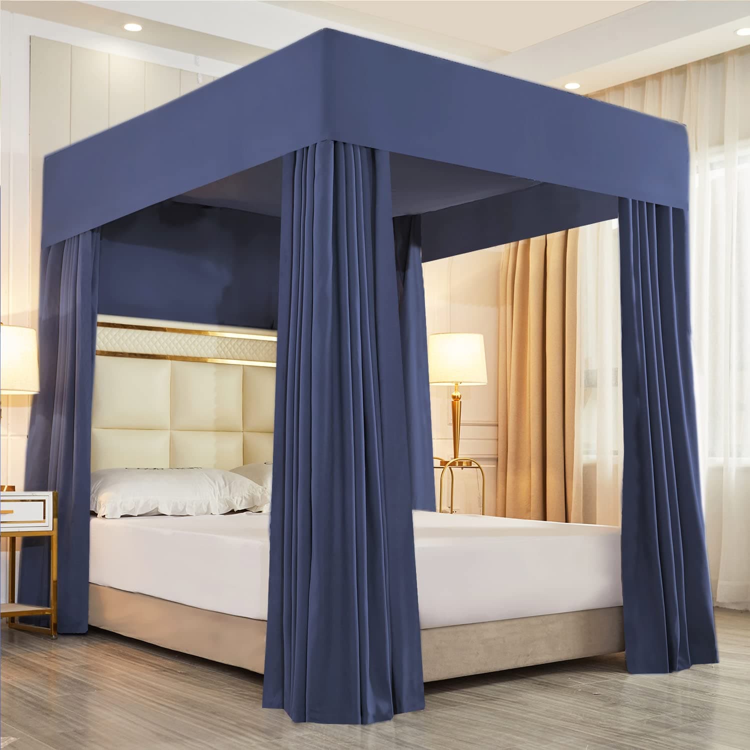 Mengersi Four Corner Post Bed Canopy Bed Curtains Bed Canopy Bedroom Decoration Lightproof,Not Include Poles (Queen, Dark Blue)