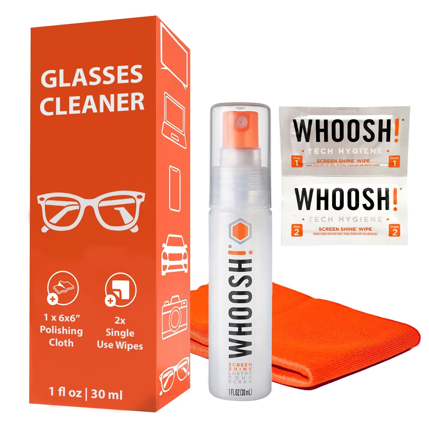 WHOOSH! Glasses Cleaner - 30ml + 1 Micro Suede Cloth + 2 Disposable Wipes, Travel Size Glasses Cleaner for Sunglasses, Laptop Screen Cleaner for MacBook, Computer, Glasses Cleaning Kit