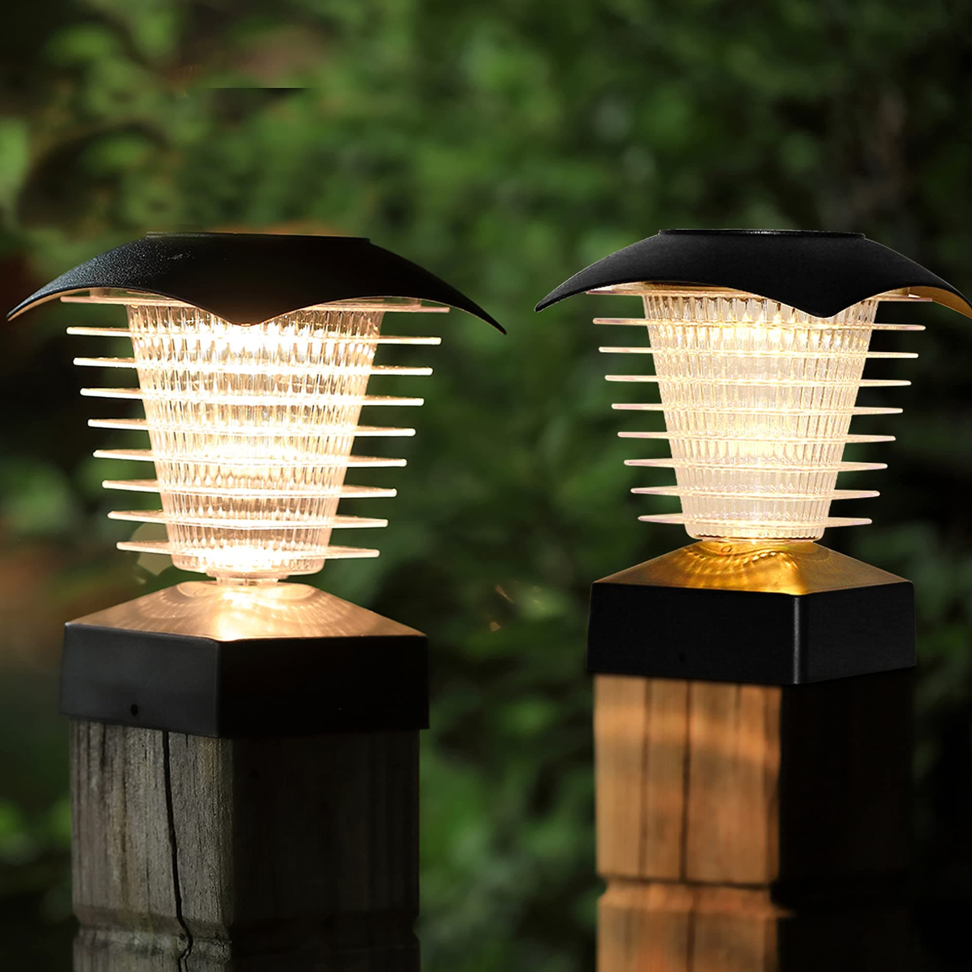 Solar Post Lights Outdoor, Waterproof Fence Post Solar Lights, 2 Pack Solar Post Cap Lights for Fence Garden Deck Patio Decoration, Fit on 4x4 Wooden Posts, Unique Spiral Design, Warm White, 10 Lumens