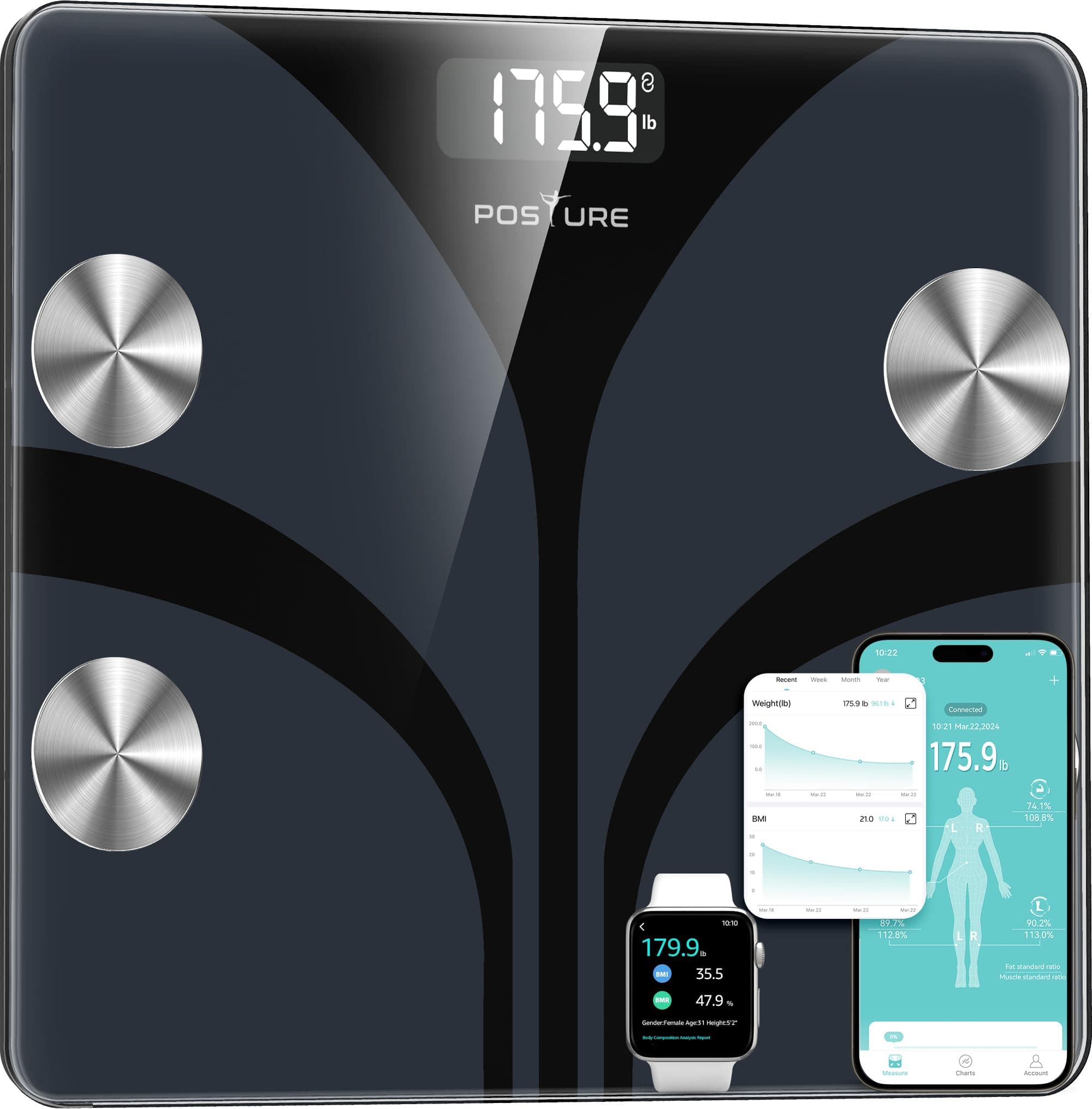 Scale for Body Weight, Digital Bathroom Smart Scale, 13 Body Composition Analyzer Sync Weight Scale BMI Health Monitor Sync Apps 400lbs - Black