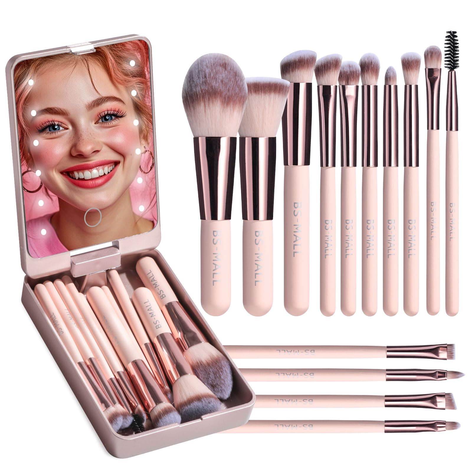 BS-MALL Makeup Brushes Foundation Powder Concealers Eye Shadows Makeup Set with LED light Mirror 14 Pcs Mini Makeup Brushes (APINK)