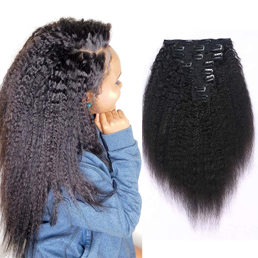 8A Unprocessed Double Weft 100% Remy Virgin Human Hair 4B 4C Afro Kinky Straight Clip in Hair Extensions 8"-20 Full Head Thick Hair 8pcs/Set(14inch, 120g/Set)