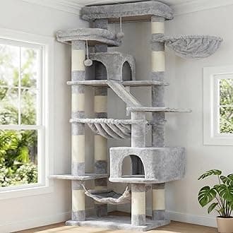 Cat Tree, 71-Inch-Tall Tower for Indoor Cats with 2 Perches, 2 Big Condos, 2 Hammocks, Basket, Scratching Pad, Large Cat Furniture and Condo, Light Gray HCT034W