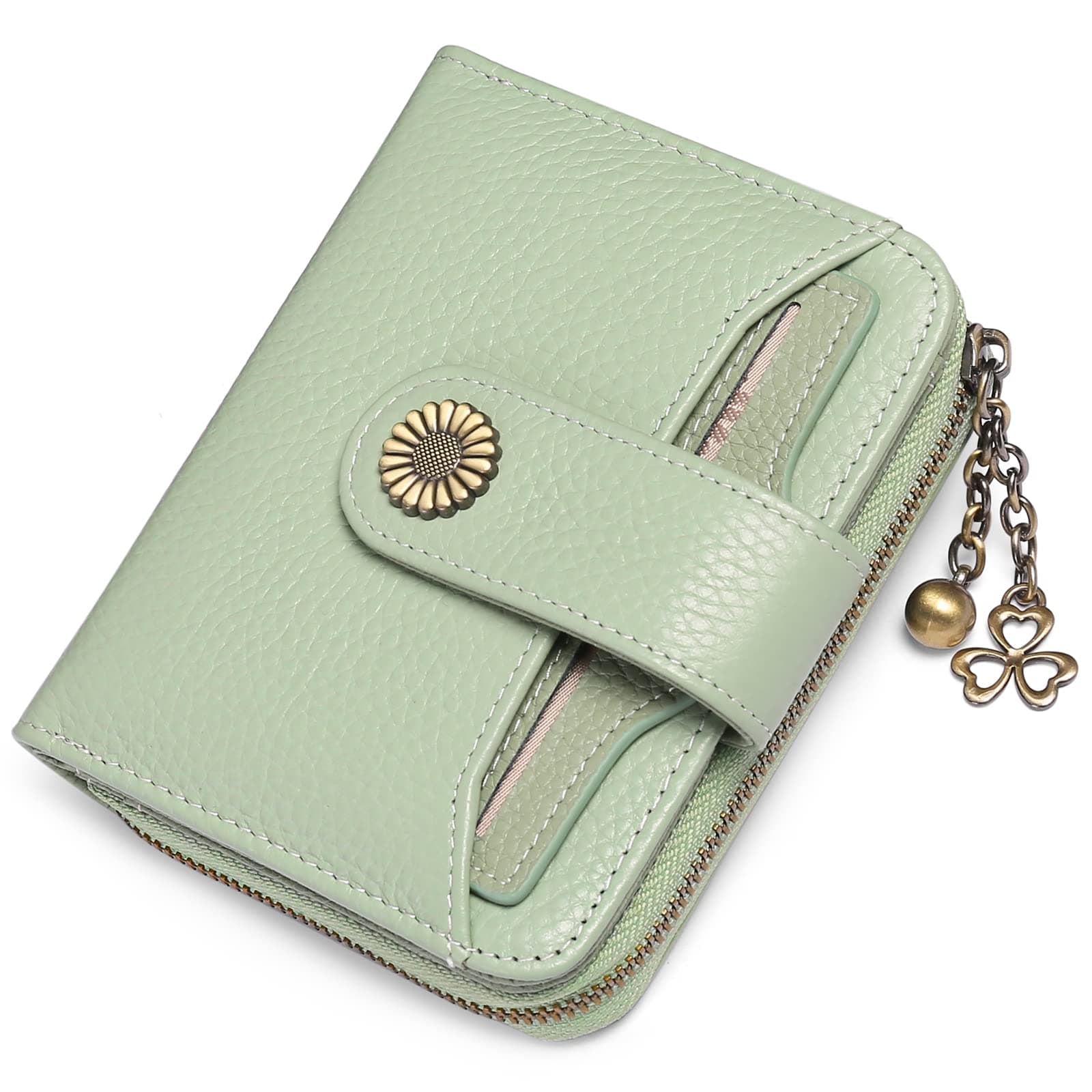 Women's Small Leather Wallet with Coin Compartment Small Zip Wallet Card Holder with RFID Blocker, Ao-Light Green, 12 x 10 x 3 cm, Modern
