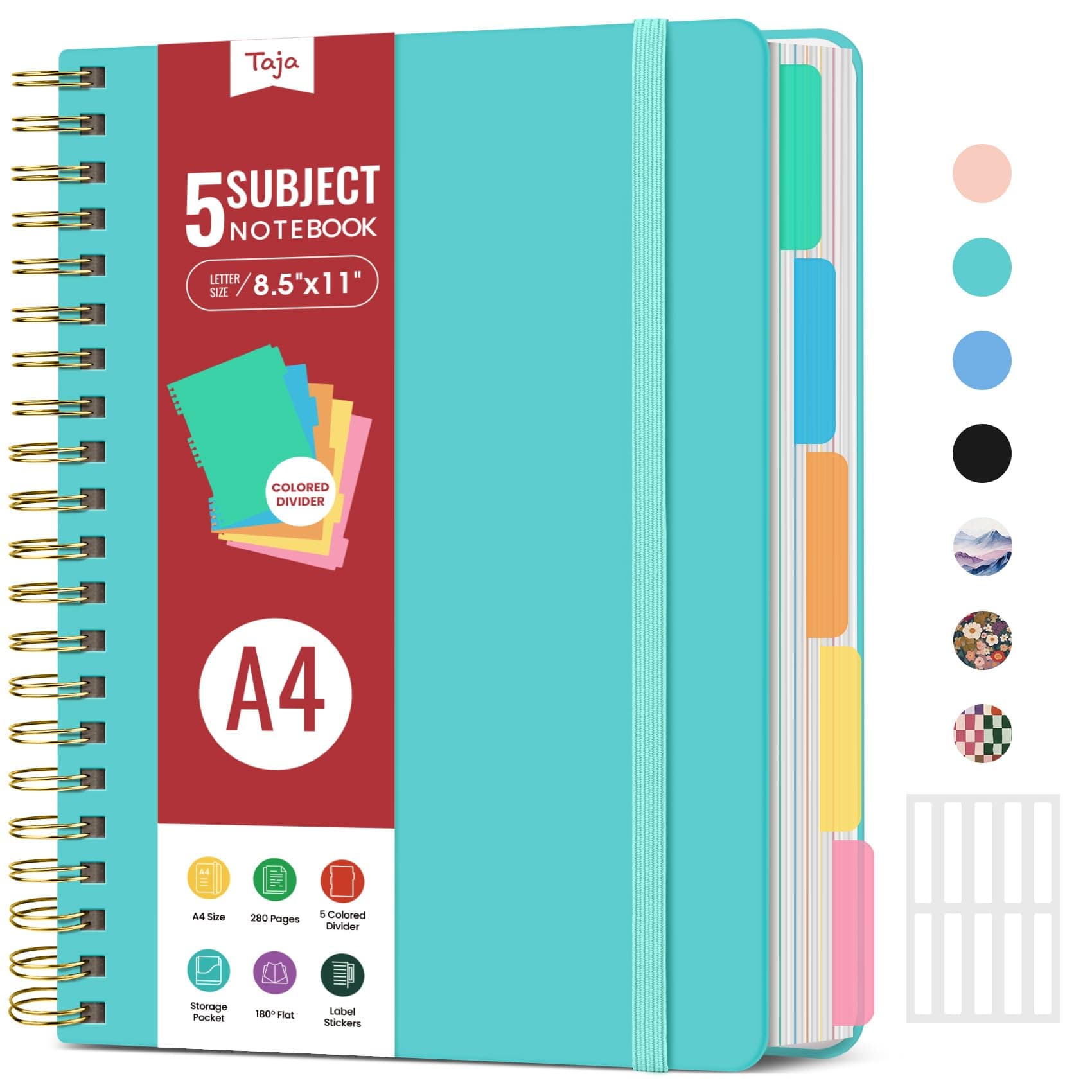 Hardcover Spiral Journal Notebooks for Work With Removable Dividers & Tabs, 8.5"x11" 5 Subject Notebook for Note Taking & Organizer, A4 College Ruled Lined Journal for Women & Writing, Aquamarine, 280 Pages