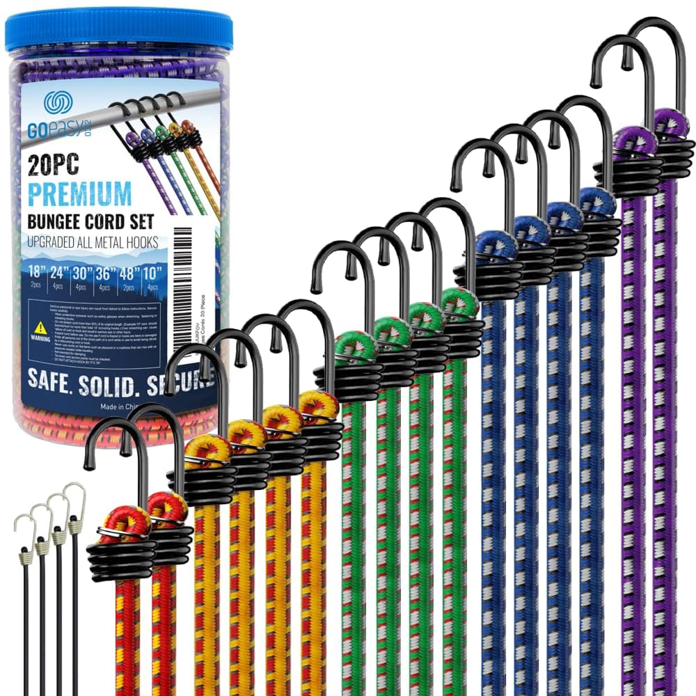 GOEASY0312 Premium Bungee Cords Heavy Duty - 20 pcs Bungee Cords with Hooks in A Storage Jar Includes 10", 18", 24", 30", 36", 48" Bungie Cord Bundle