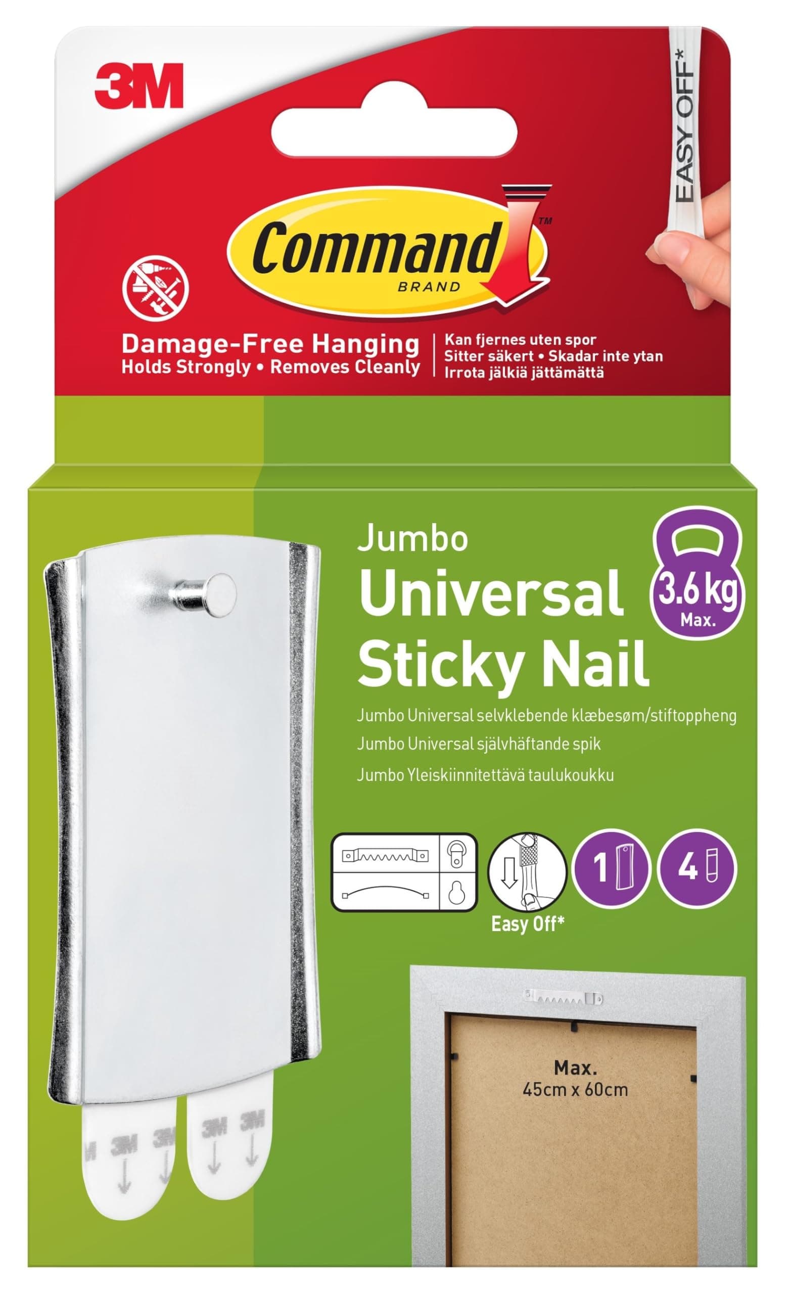 Large Metal Universal Picture Hanger, 1 Hook + 4 Adhesive Strips, Damage-Free Hanging for Frames, Mirrors, Wall Decor and Clocks, Holds 3.6 kg