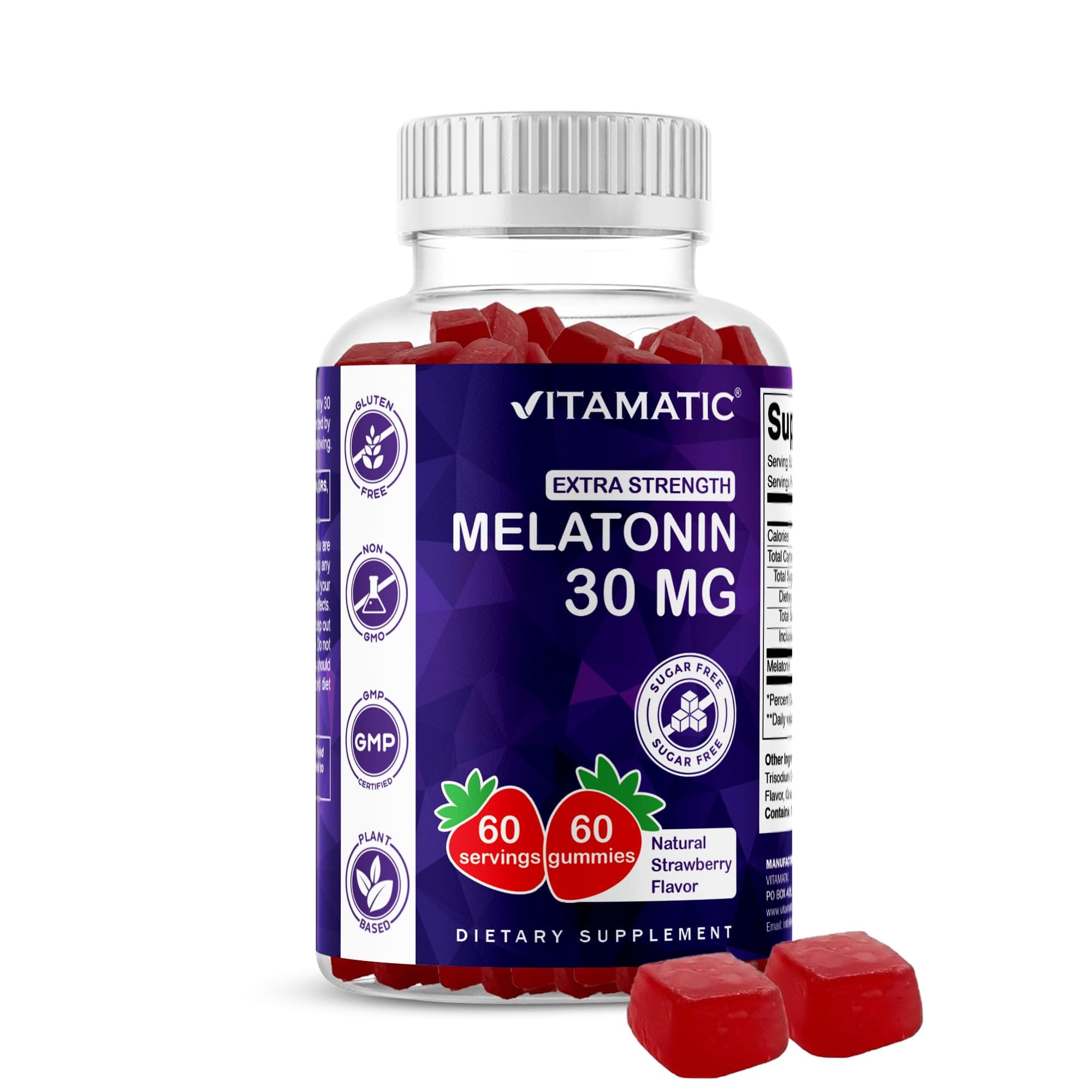 Vitamatic Sugar Free Melatonin 30mg per Gummy - 60 Servings - 60 Vegetarian Gummies - Non-Habit Forming Supplement (60 Count (Pack of 1))