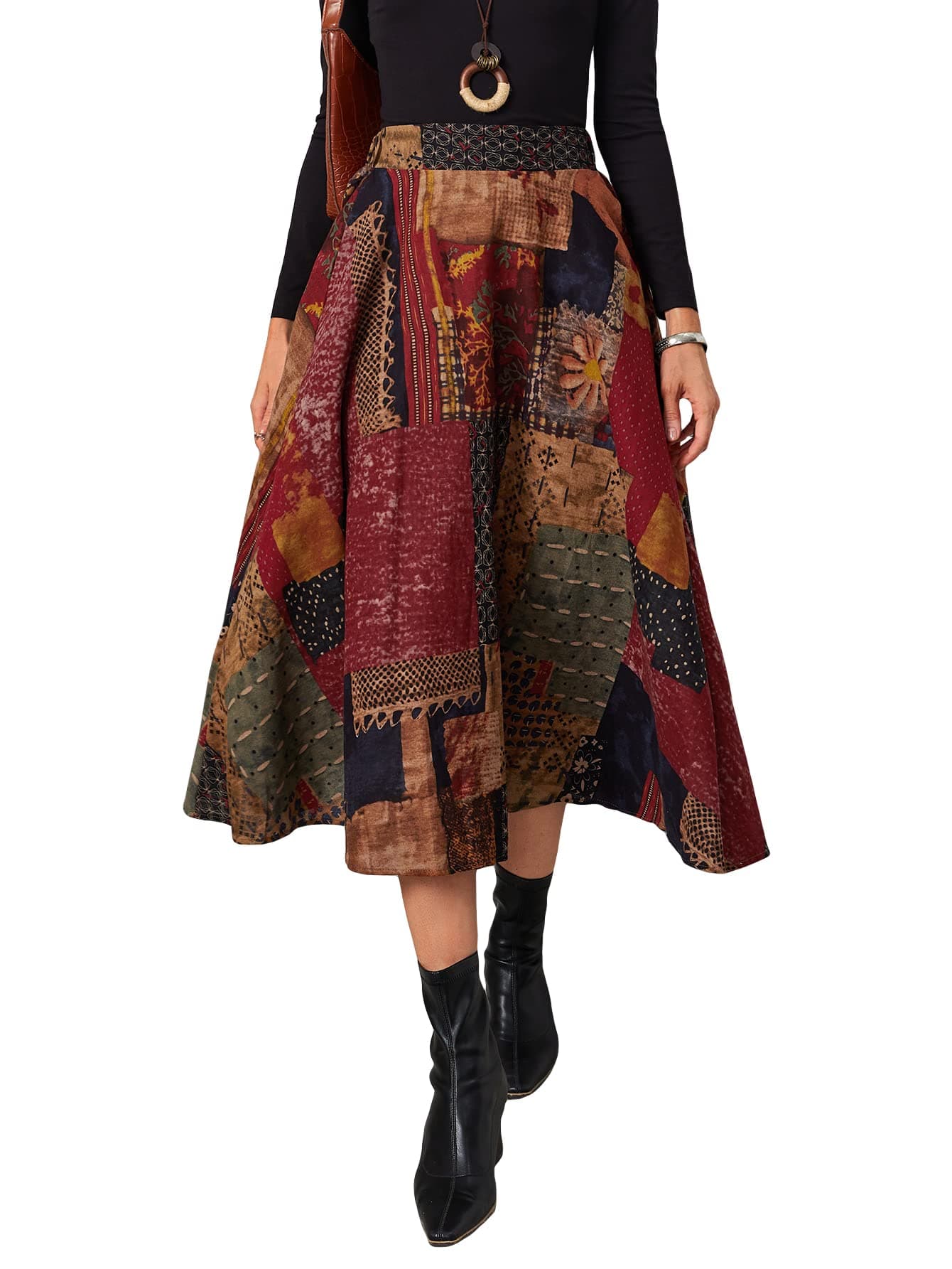 Women's Patchwork Skirt High Waisted A Line Flowy Boho Vintage Midi Skirt