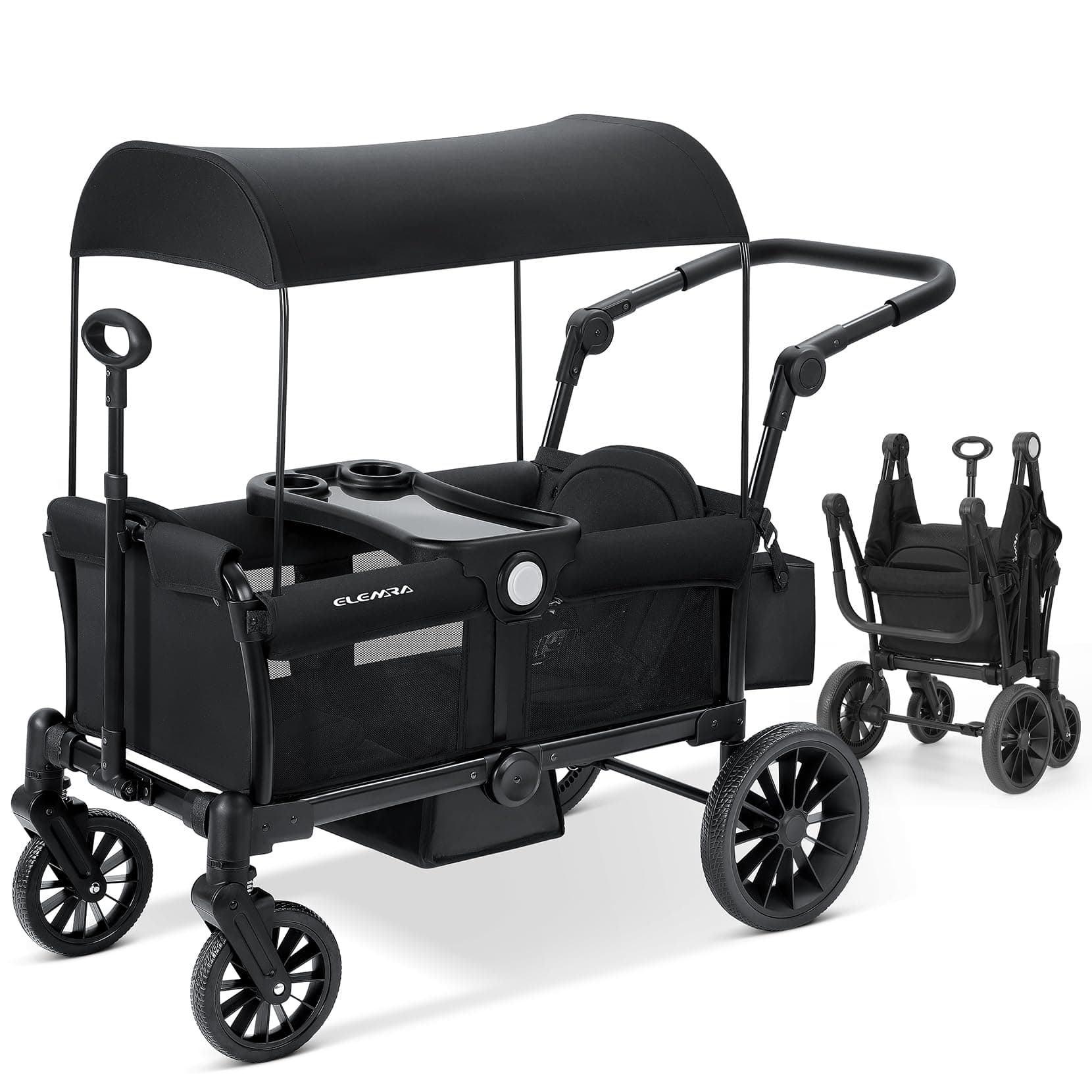 Foldable Wagon Stroller, Stroller Wagon for 2 Kids, Premium All Terrain Wagon for Kids with Removable Canopy, Adjustable Push/Pull Handle, Harnesses, Large Storage Bag, Black