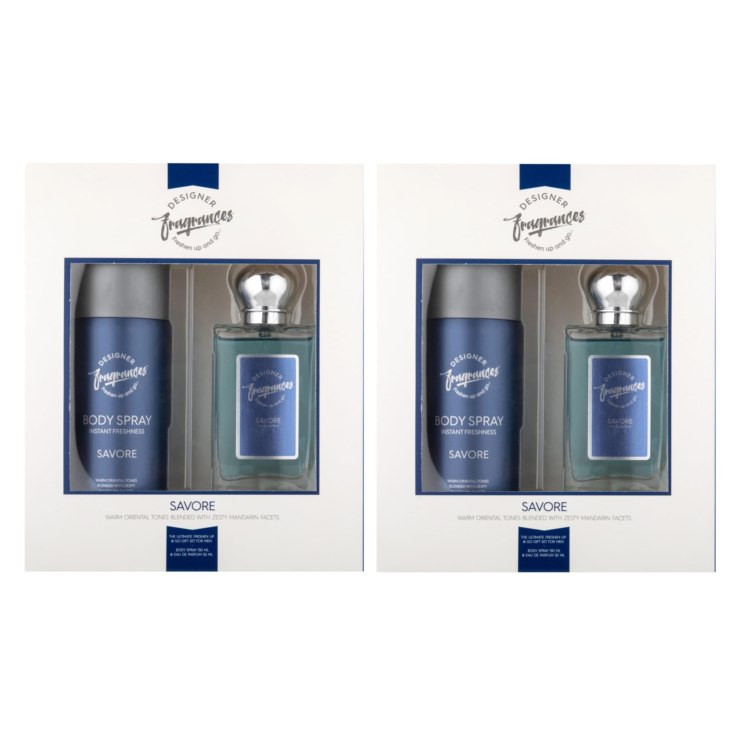 Designer Fragrances Savore Male Twin Gift Set - Includes 2 x 150ml Body Spray Deodorant Cans, 2 x 50ml Men’s Eau De Parfum Aftershave Spray - For Instant Freshness on The Go - Long Lasting Smells
