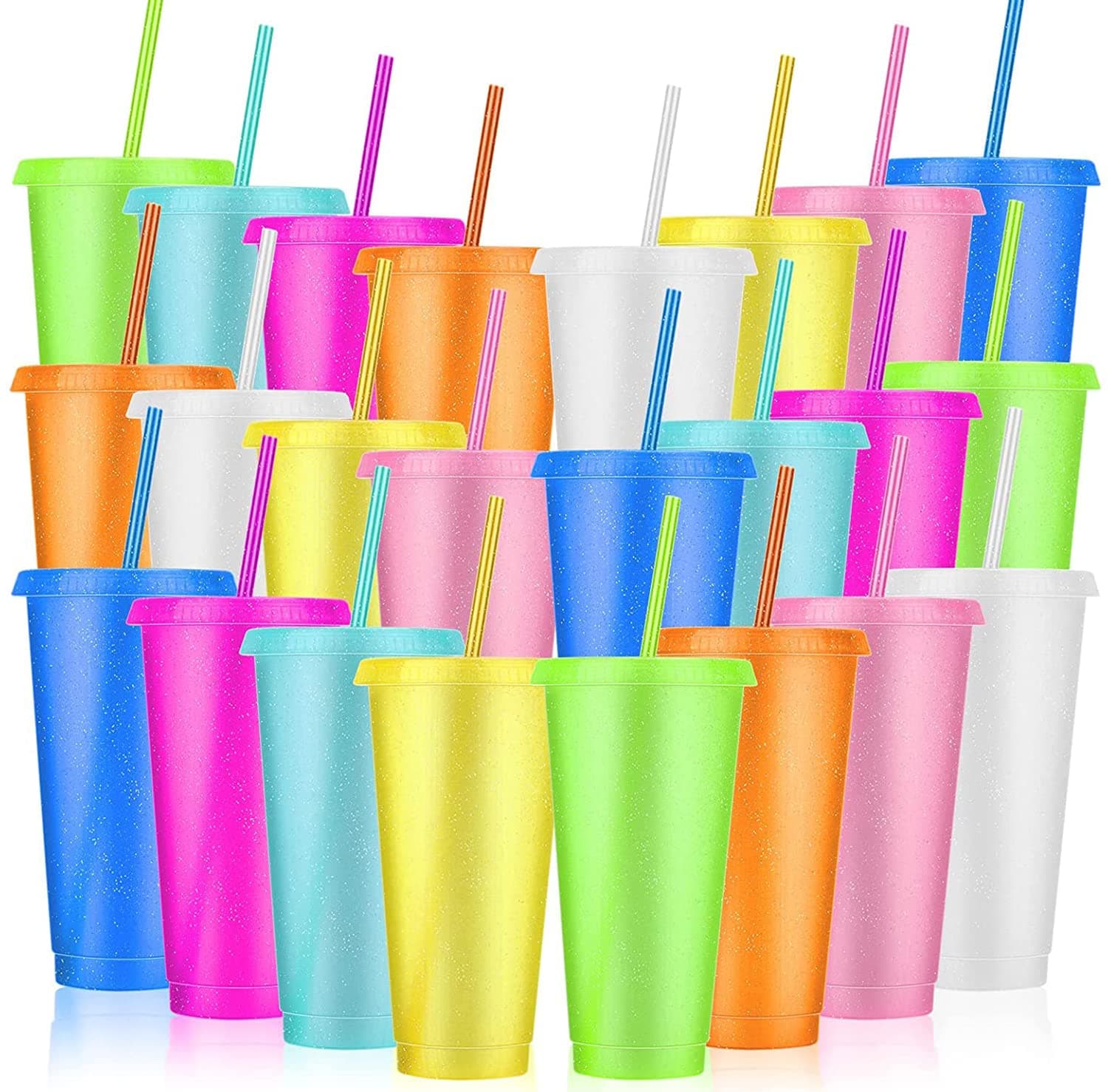 24 Pack Plastic Tumblers with Lids and Straw, Reusable Cups with Lids and Straws Colorful Cups for Cold Drink Iced Coffee, Plastic Tumbler Bulk for Party Birthday Gifts (24 oz, Light Colors)