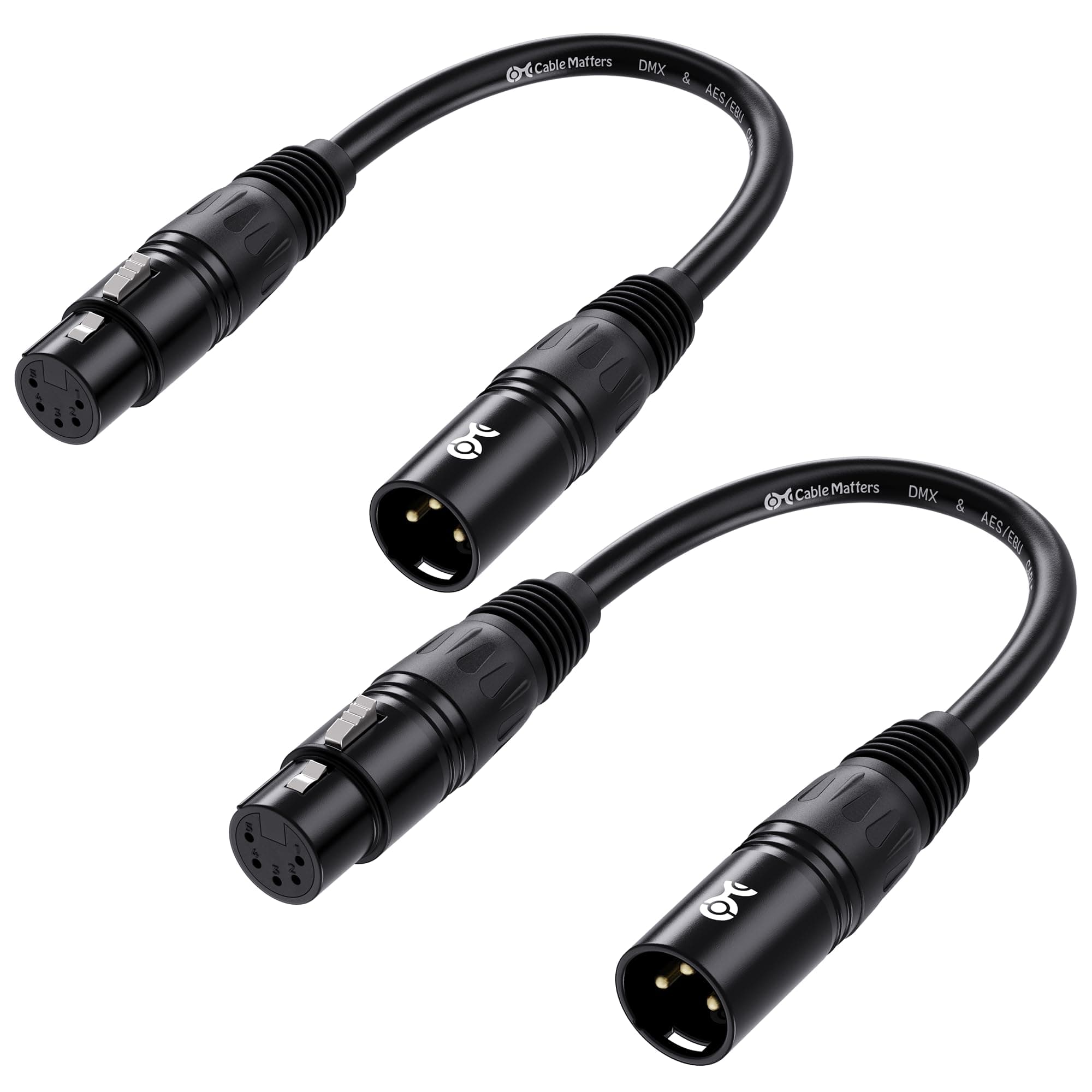 Cable Matters 2-Pack 3 Pin to 5 Pin DMX Lighting Cable - 6 Inches, 3Pin Male to 5Pin Female XLR/DMX Adapter Cable, Black