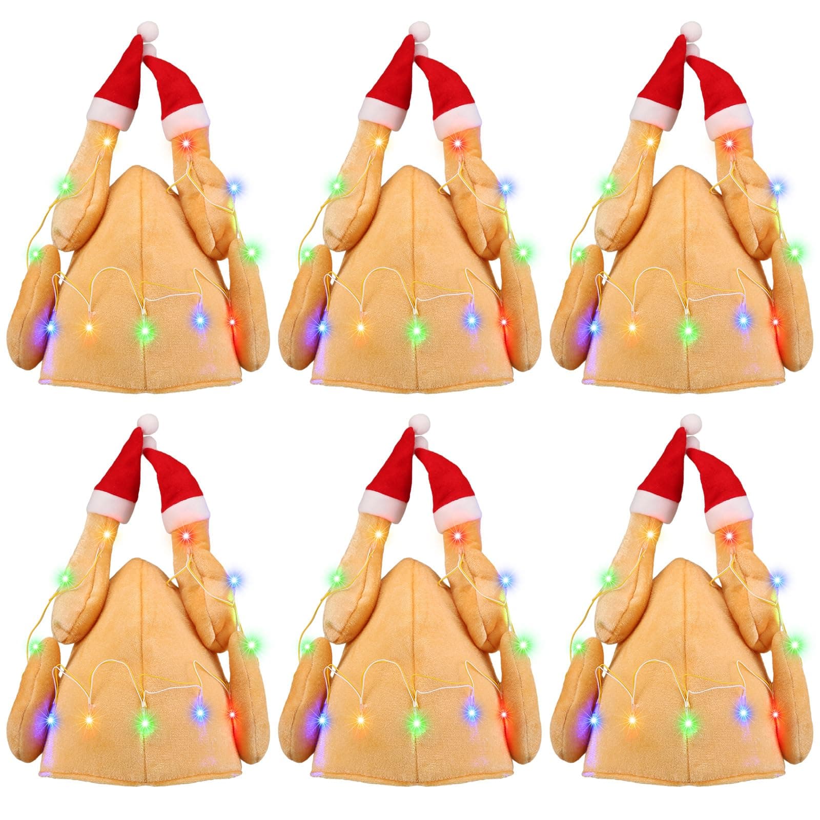 6 Pack Light Up Christmas Turkey Hat Funny Roast Turkey Drumstick Hat with LED Lights Santa Costume for Holiday Parties Thanksgiving Christmas Party Favors White Elephant Gifts
