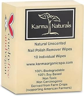 - Karma Organic Unscented Nail Polish Remover Wipes, 100% Soy Based, Non-Toxic, Vegan, Cruelty-Free – Pack of 10
