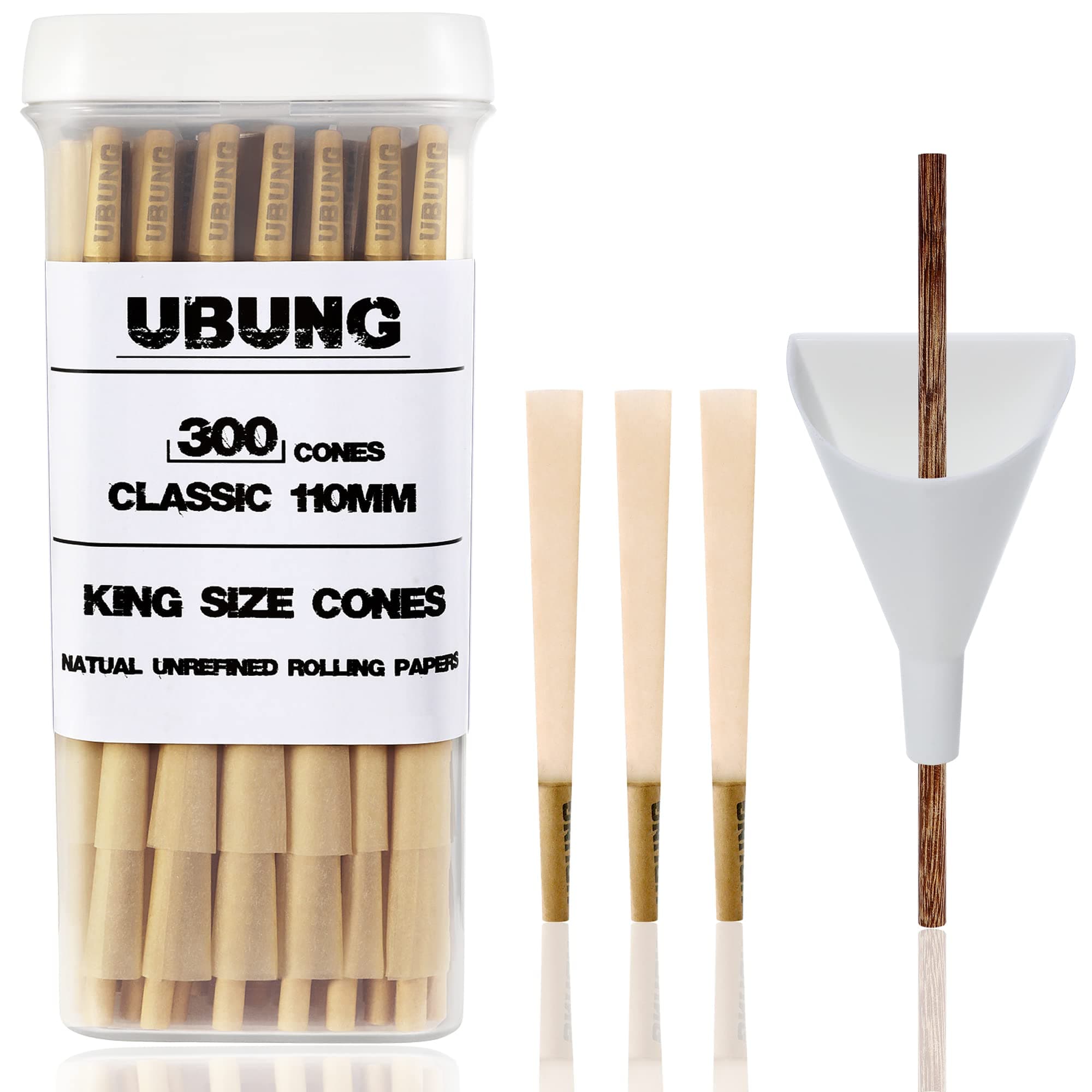 UBUNG Brown Cones, 300 Pieces King Size Brown Pre Rolled Cones with Tips, Slow Type Rolling Paper, Length 4.25 in / 108 mm, Including 1 Cone Loader and 1 Push Rod
