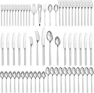 KINGSTONESilverware Sets with Serving Utensils, 65 Piece Flatware Set for 12, 18/10 Cutlery Set with 5 Pieces Serving Utensil Set Modern and Original Design Dishwasher Safe