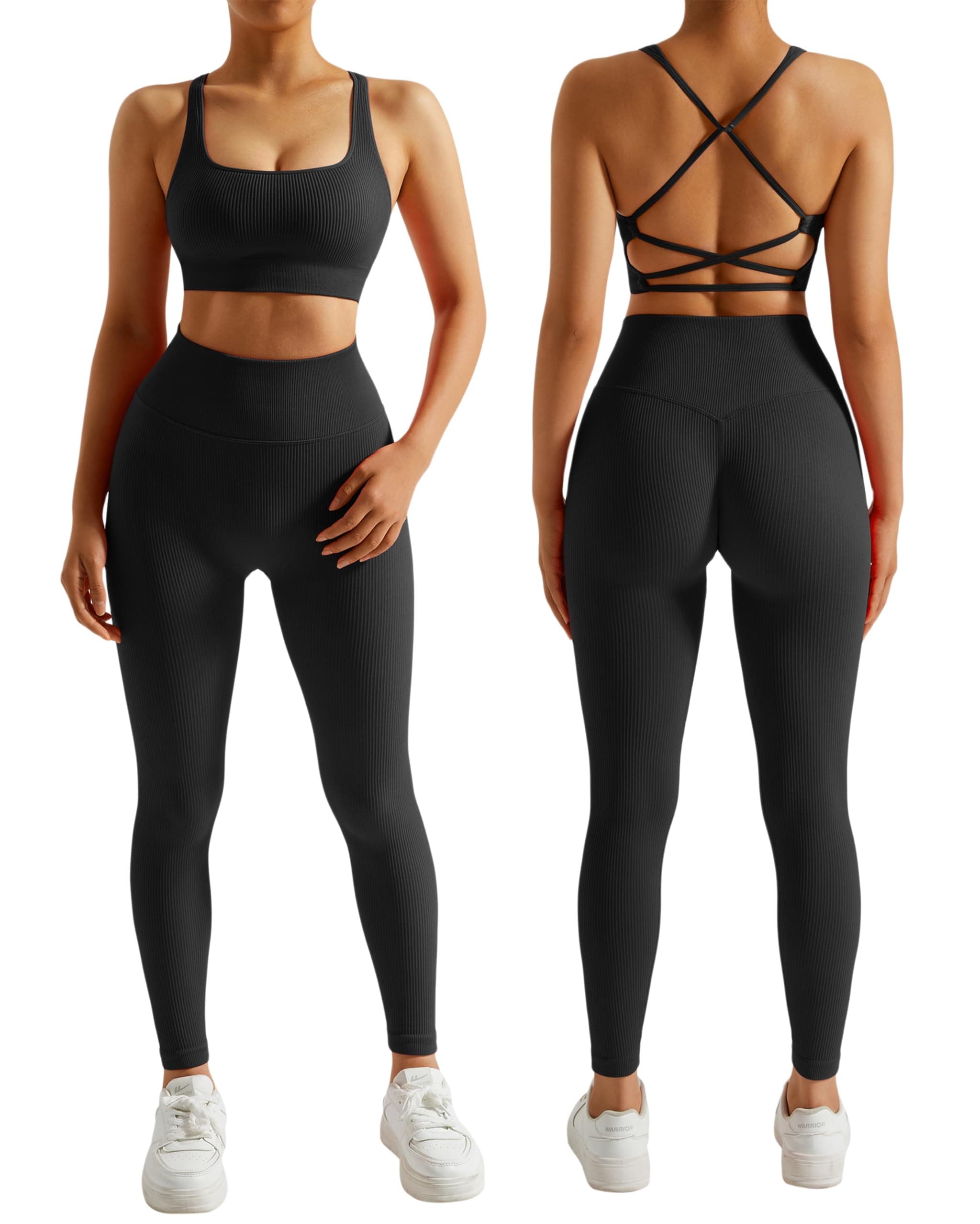 Ribbed Workout Sets for Women 2 Piece Backless Strappy Sports Bra Seamless Leggings Matching Set Yoga Outfits