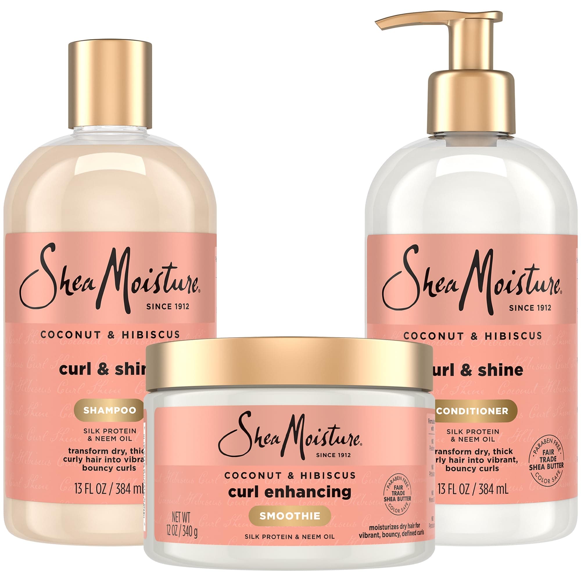 Shea Moisture Coconut & Hibiscus Curl TRIO: Includes Curl & Shine Shampoo, Curl & Shine CONDITIONER, Curl Enhancing Smoothie by Shea Moisture