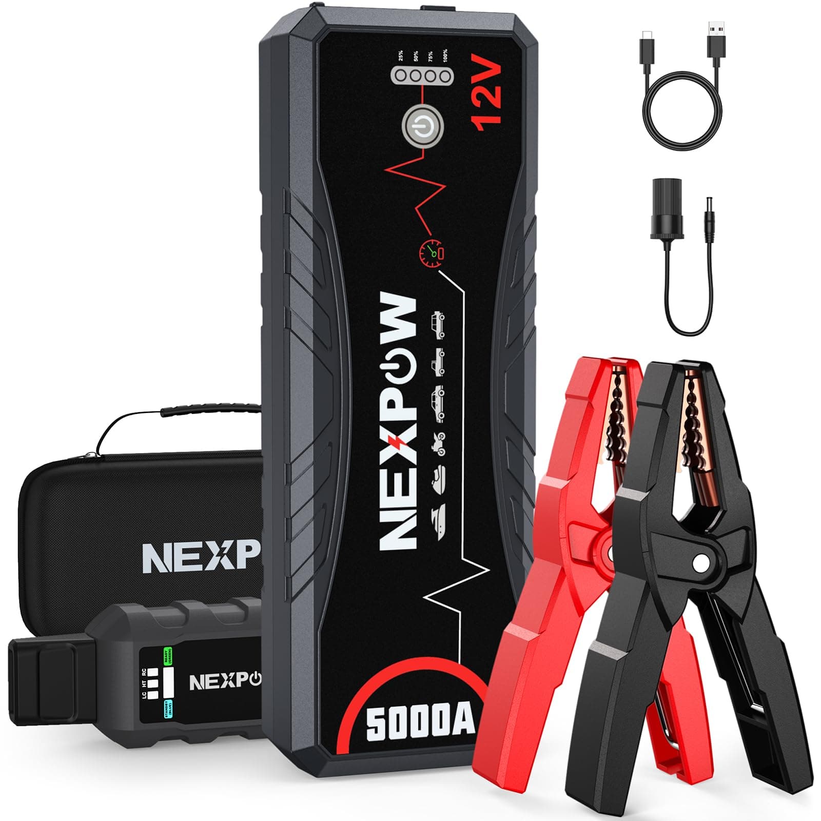 NEXPOW Car Jump Starter,Car Battery Jump Starter Pack 5000A Peak Q12 for All Gas and Up to10.0L Diesel Engine 12V Auto Battery Booster,Jumper Cables,Portable Jump Box with LED Light/USB QC3.0