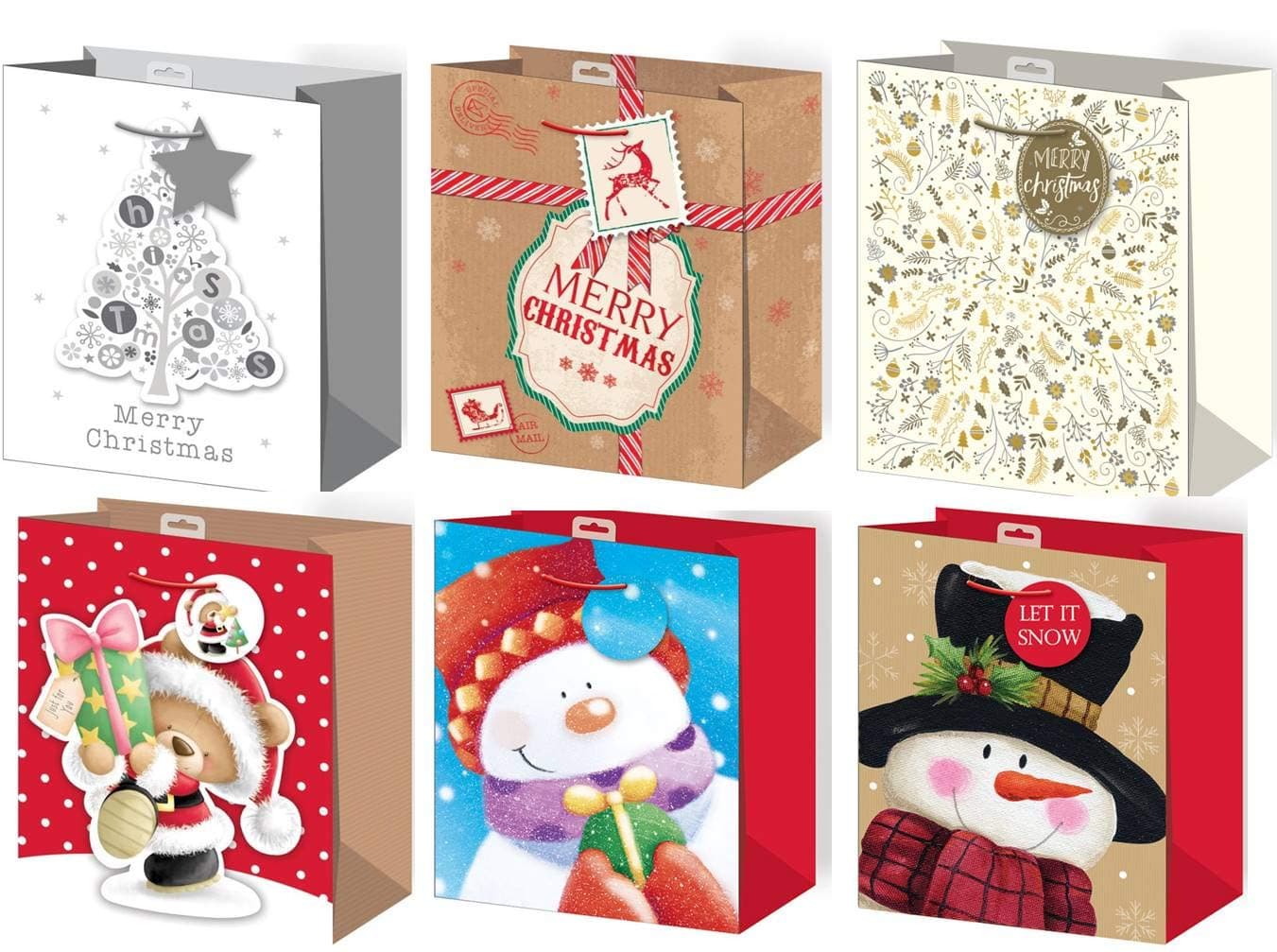 Set 6 Medium Christmas Gift Bags Ribbon Handle & Tag - Mixed Cute Modern Designs 10x8"