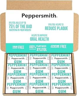 Peppersmith - British Peppermint Chewing Gum - Vegan Friendly - 100% Xylitol Plant Based Sweetener - Fresh Breath - Sugar Free Gum - Benefits Oral Health - Pocket Packs - 12x15g