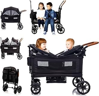 Wagon Stroller for 2 Kids & Cargo, Lightweight Folding Stroller with 5-Point Harness, Adjustable Handle Bar and Canopy, Tray Table, Cup Holder, Black