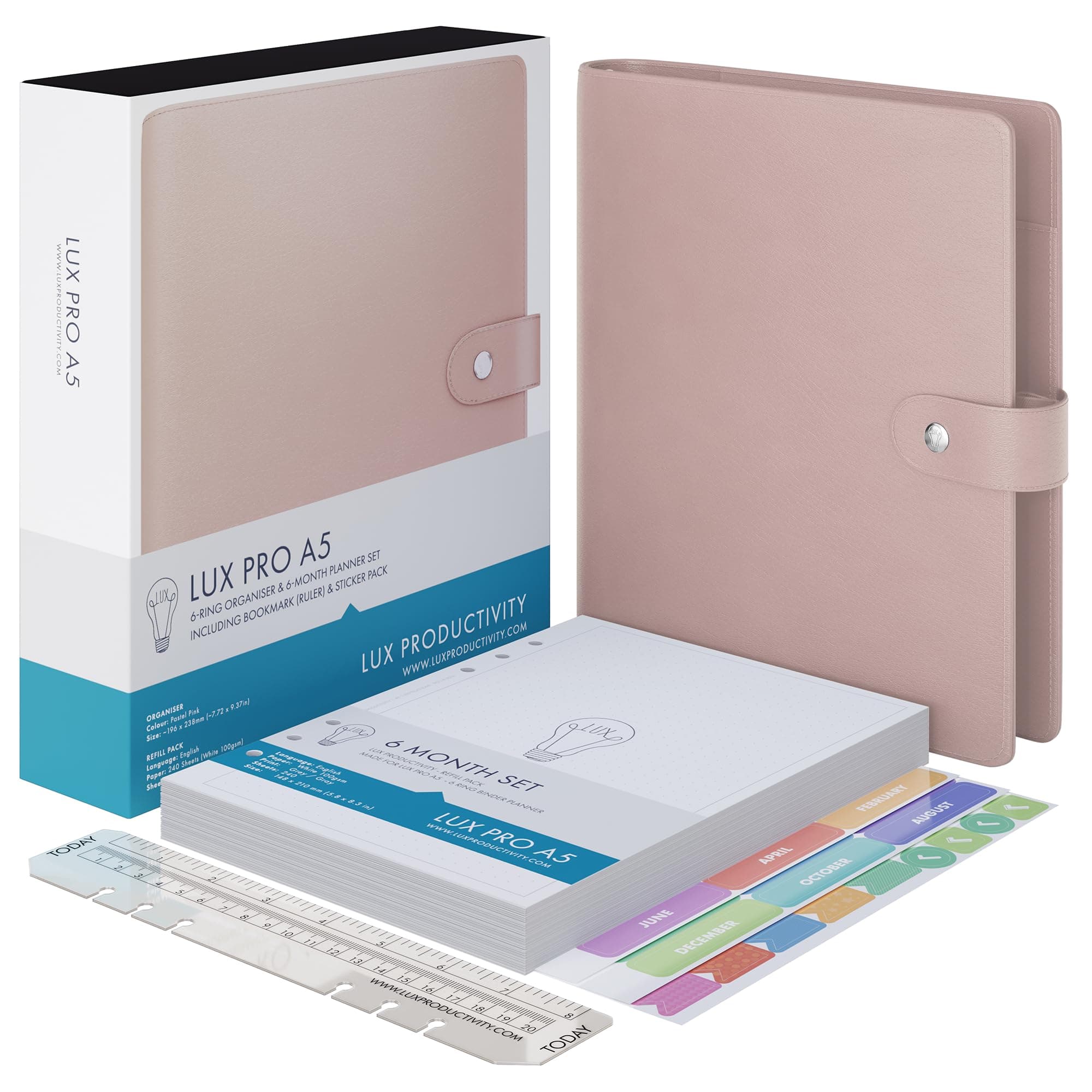 LUX PRO A5 - Daily Planner & appointment diary 2024 - Gratitude journal, wellness journal & Undated weekly planners and organisers - Desk journals for women & men - LUX Productivity (Pink - Pastel)
