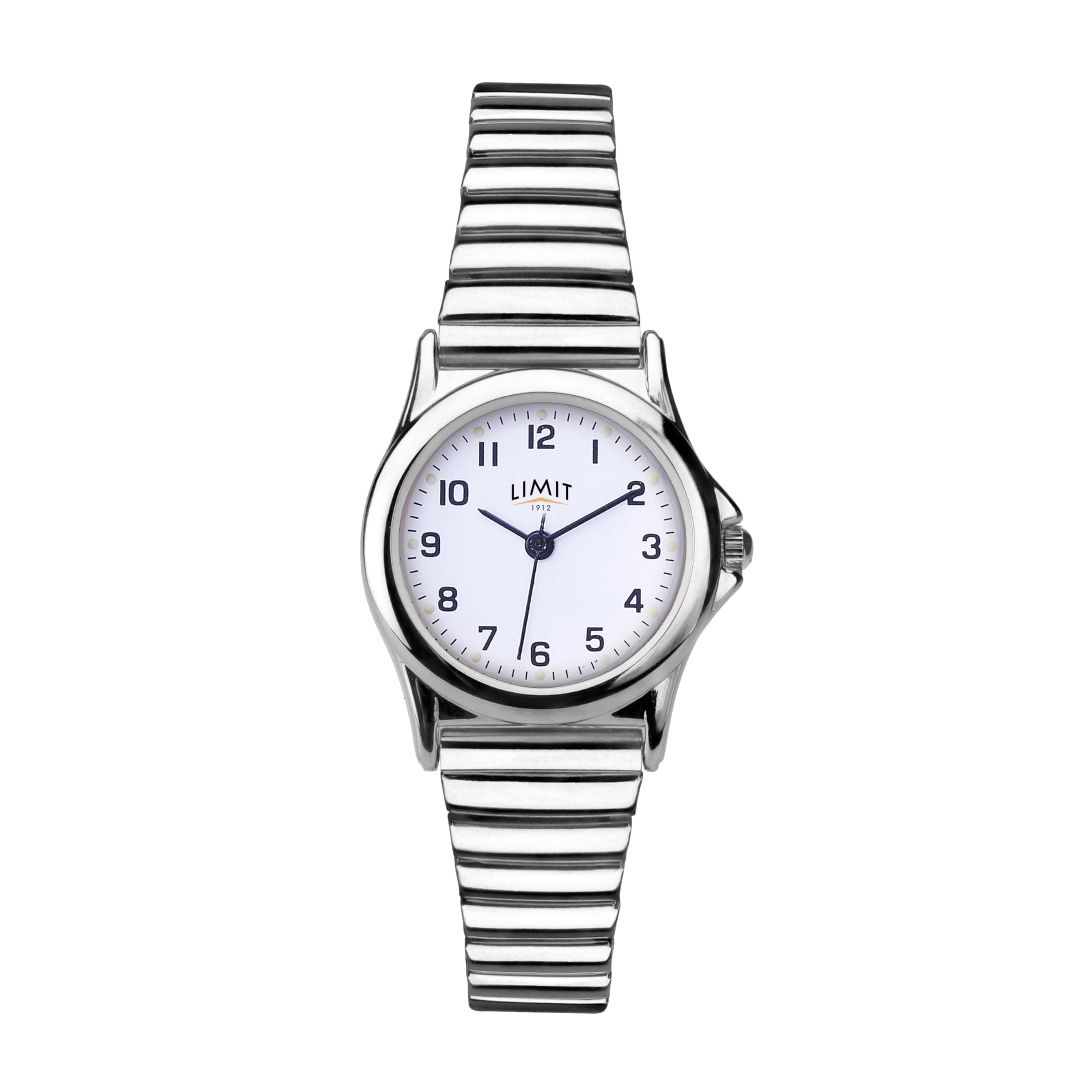 Ladies Silver Watch 25mm Round Case White Dial with Full Figure Numbers Stainless Steel Expander Bracelet Quartz Analogue
