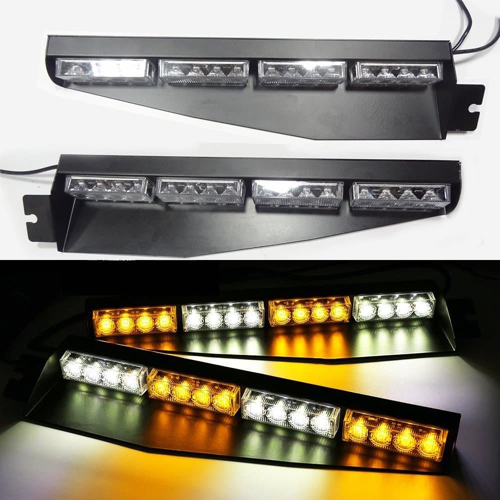 OLSR® Emergency Flashing Warning Beacons, 32 LEDs 48W Light Bar Kit Car Strobe Lights Enforcement Hazard Lights in Car Sun Visor/Windshield (Amber+White)
