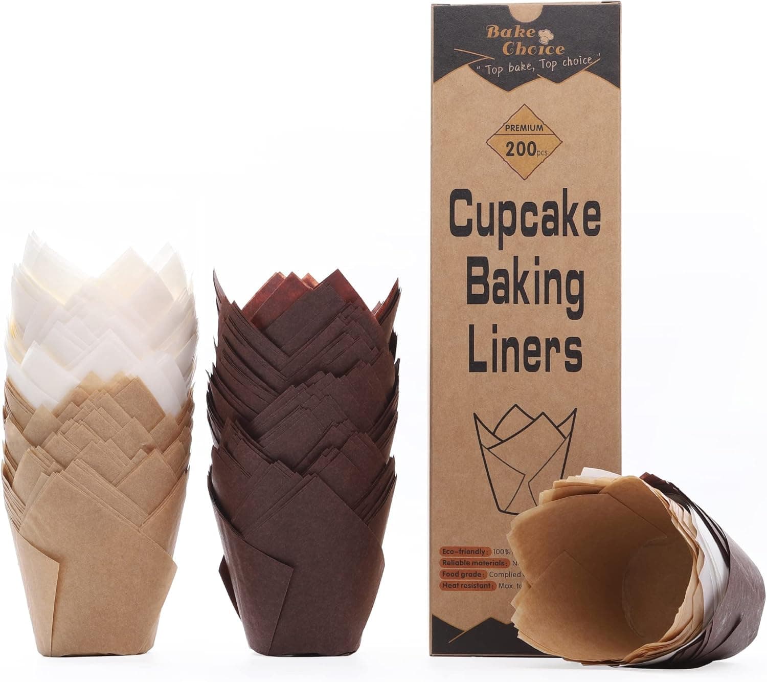 Nordic Paper 200pcs Tulip Cupcake Liners for Baking Cups EU Parchment paper Standard Size Tulip Muffin Liners, Cupcake Wrapper, Brown, White, Unbleached Natural for Party, Christmas