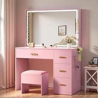 YITAHOME Makeup Vanity Desk with LED Lights: 35" Large Mirror with Power Outlets, 4 Drawers & Stool, Adjustable Lighting Dressing Table for Women Pink