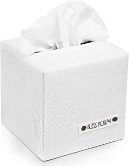 KIBAGA Stylish Tissue Box Cover - This White Linen Holder Instantly Covers Your Square Tissue Boxes - The Perfect Cube Cover for Your Bathroom and Home