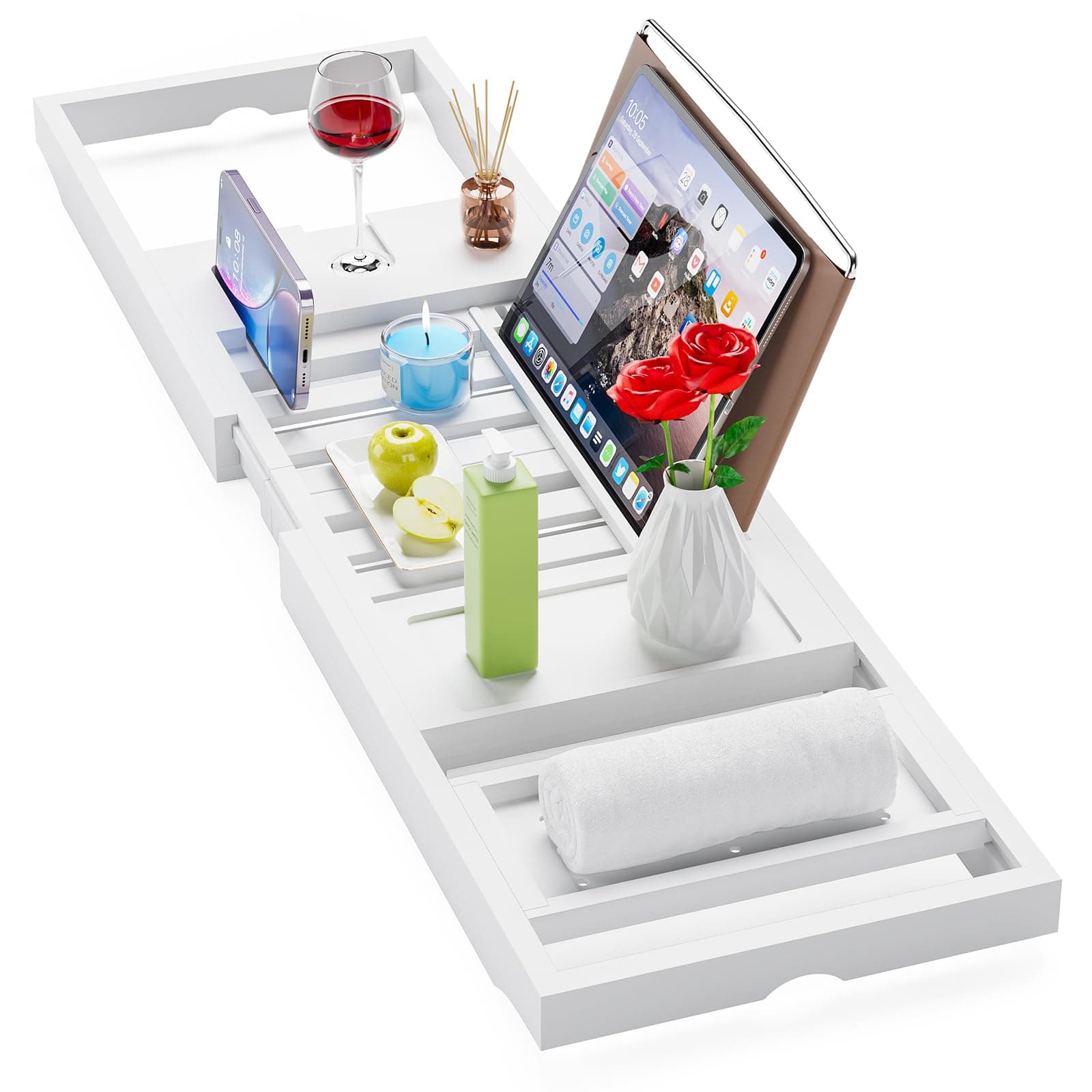 Yirilan Foldable Bathtub Caddy, Expandable Bath Caddy Tray, Unique House Warming Gifts, New Home, Anniversary and Wedding Gifts for Couple, White