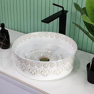 BASSINO Art Ceramic Wash Basin for Bathroom, Living Room, Hall, Dinning Room/Decorative Tabletop Sink for Kitchen/Countertop Vessel Sink for Hotels-White Rosegold,(15x15x5 Inch)