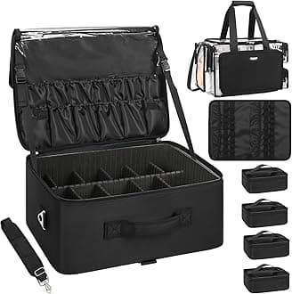 RelavelExtra Large Makeup Case Professional Cosmetic Storage Organizer Box Brush Holder with 4 Clear Set Bags & Lipstick Plate for Makeup Artists, Black with large clear bag, XL