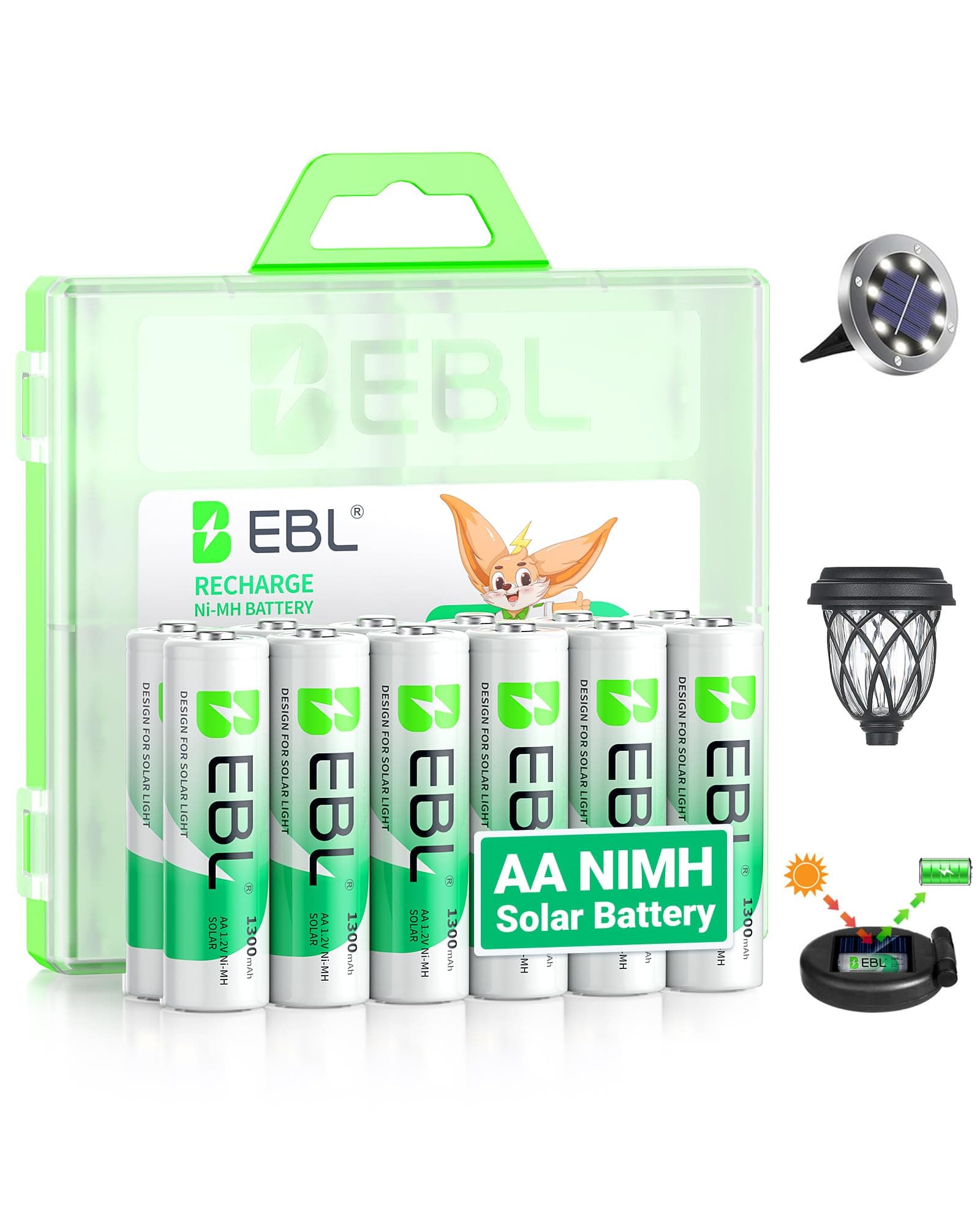 EBL AA Rechargeable Batteries for Solar Lights NIMH Battery AA Solar Battery Pre-Charged 1.2V 1300mAh Long Lasting Performance, Pack of 12