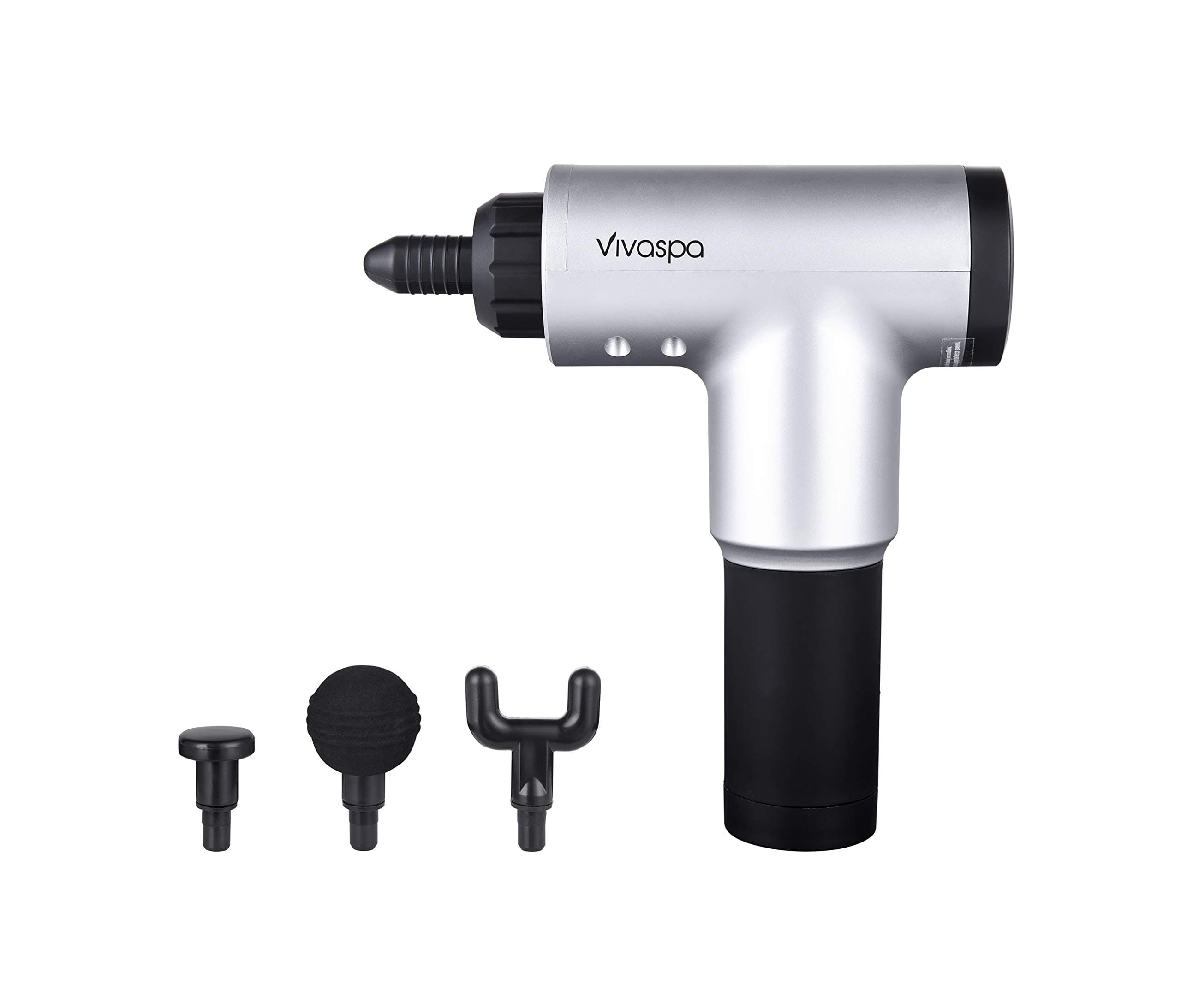Vivaspa Handheld Cordless and Rechargeable Massage Gun with LCD Display for Athletes with 4 Interchangeable Heads and 6 Speed Modes, Silver