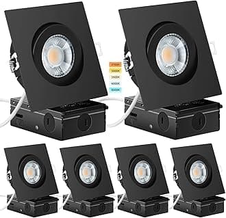 KnLnny Ware Black Square Recessed Lighting 4 inch 6 Pack with Gimbal,Canless Eyeball Recessed Lightswith Junction Box,dimmable, 5CCT Selectable,9W 750LM