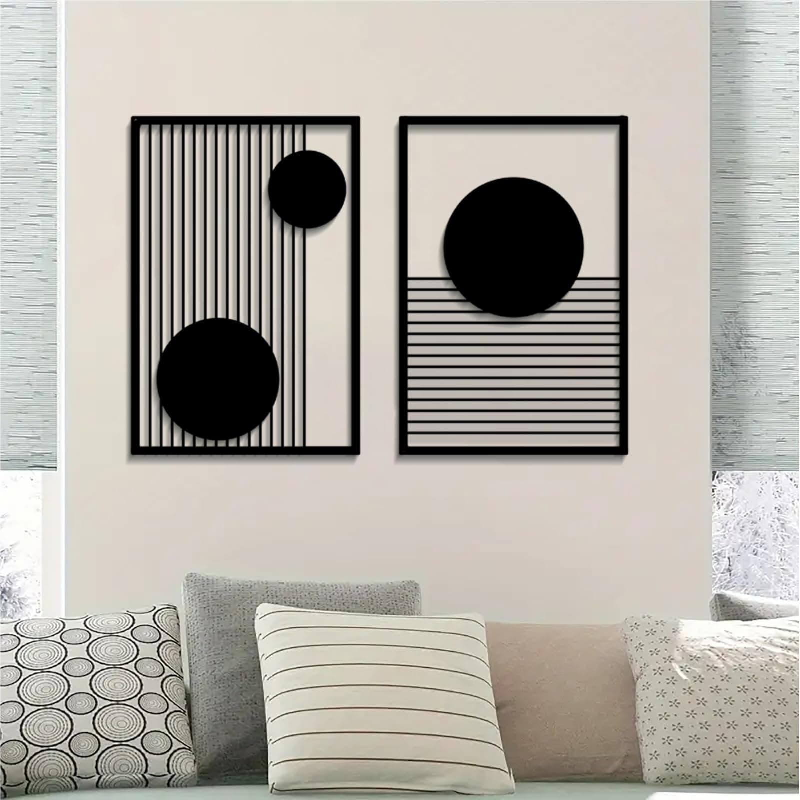 DUOOLN Large 2 Pcs Abstract Metal Wall Art,Black Modern Geometric Wall Decor Hanging,Minimalist Single Line Art Wall Décor Sculptures, Living Room Bedroom Bathroom Office Farmhouse Decoration
