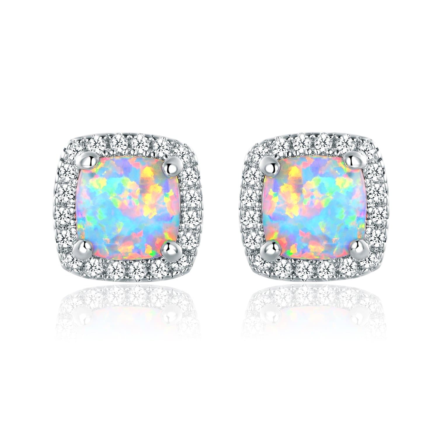 White Gold Plated Created White Opal Stud Earrings for Women - Made In Brazil